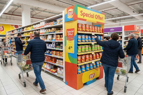 In einem belebten Supermarktgang prangt ein farbenfroher Lay's-Kartoffelchips-Werbeständer mit dem Motto „Sonderangebot!“. Mehrere Reihen roter, blauer und grüner Chipstüten sind darauf zu sehen. Kunden, teils mit vollen Einkaufswagen, stöbern durch die Angebote; einer greift sogar nach einer Tüte Lay's-Chips aus dem Werbeständer.