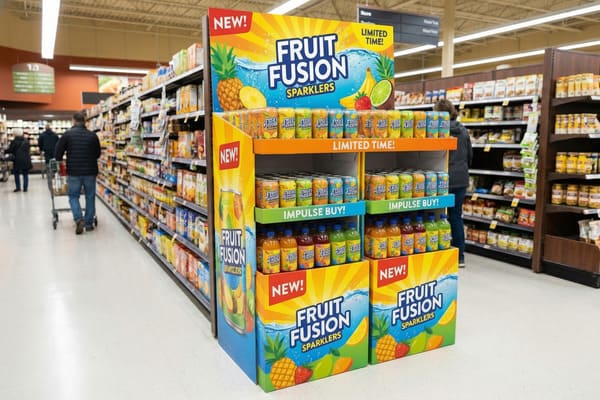 A vibrant, large in-store end-cap display for 'Fruit Fusion Sparklers' beverages in a grocery store aisle. The multi-tiered display showcases rows of colorful cans and bottles, prominently featuring 'NEW!' and 'LIMITED TIME!' signage, along with 'IMPULSE BUY!' calls to action. The display graphics include illustrations of pineapple, banana, lime, strawberry, and orange. In the blurred background, shoppers with carts are visible walking down the brightly lit aisle, which is lined with shelves stocked with various grocery products.