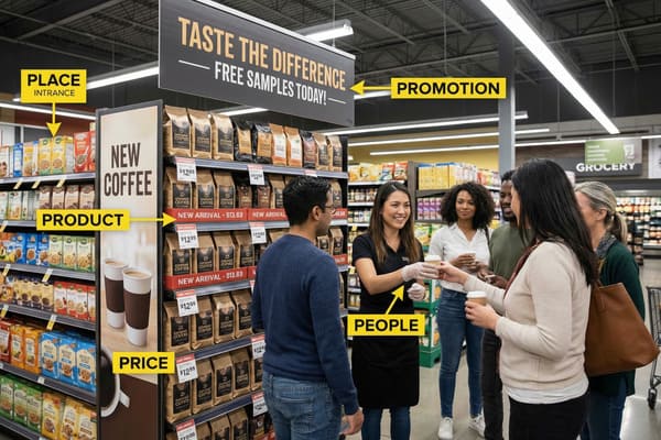 A smiling female employee in a black apron and gloves is serving free coffee samples to a diverse group of customers from a display stand in a grocery store aisle. The stand features bags of 'Gourmet Coffee' labeled 'NEW ARRIVAL' priced at $12.99, with an overhead banner promoting 'TASTE THE DIFFERENCE FREE SAMPLES TODAY!'. Other grocery products are visible on shelves in the background.