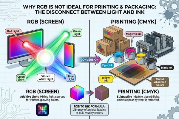 Detailed infographic comparing RGB (Red, Green, Blue) additive color for screens and CMYK (Cyan, Magenta, Yellow, Black) subtractive color for printing and packaging. The left side illustrates RGB with a monitor and smartphone displaying vibrant, glowing colors, where red, green, and blue light beams combine to create bright white light. The right side depicts CMYK printing with a press, ink buckets, and inks applied to cardboard, yielding muted, absorbed colors. A central conversion shows a vibrant RGB cube becoming a duller CMYK cube, highlighting the loss of vibrancy and potential for muddy results when converting digital RGB designs to CMYK for print, explaining why RGB is not ideal for physical packaging and print materials.
