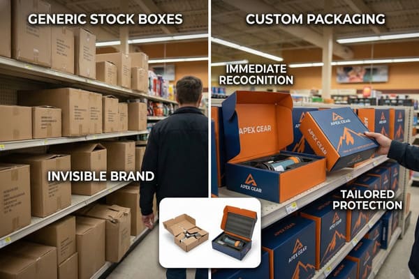 A split image comparing generic stock boxes on the left with custom-branded packaging on the right. The left shows a person walking past shelves of plain brown cardboard boxes labeled 