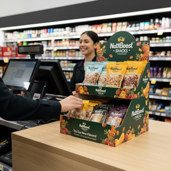 一个两层绿色的NutriBoost零食销售点展示架,饰以色彩缤纷的坚果和水果图案,陈列着各种浅蓝色、黄色、黑色和紫色的小包装品牌零食。展示架放置在浅色木质的超市收银台上,画面中一位顾客正从底层挑选一包黄色零食。背景中,一位面带微笑的女收银员站在收银台后,模糊的货架上摆满了商品,突显了这种旨在促进冲动性零食购买的策略性陈列方式。