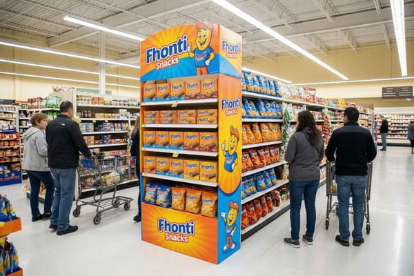 Un pasillo de supermercado bien iluminado presenta un prominente expositor naranja y azul de Fhonti Snacks, con múltiples estantes de barritas y bolsas de patatas fritas Fhonti. Los compradores con carritos recorren otros estantes repletos de productos al fondo, creando una atmósfera de supermercado concurrida.