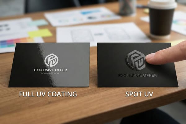 ライトブラウンの木製デスクに置かれた2枚の黒い名刺のクローズアップ比較。フルUV印刷とスポットUV印刷の仕上がりの違いを示しています。左側の名刺は、表面全体に鮮やかな反射性を持つフルUVコーティングが施され、白い円形のロゴとスタイリッシュな「FD」および「EXCLUSIVE OFFER」の文字が印刷されています。右側の名刺は、洗練されたスポットUV印刷が施されており、光沢のあるテクスチャ加工が施された「FD」ロゴと「EXCLUSIVE OFFER」の文字に指で軽く触れるだけで、マットブラックの背景とのコントラストが際立っています。この画像は、ブランディングのためのプレミアム名刺印刷オプションを強調しています。
