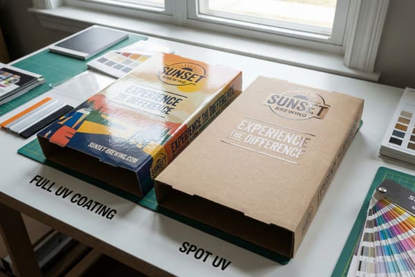 يُعرض صندوقان مُصممان خصيصًا لتغليف بيرة "سانسيت بروينغ" على طاولة بيضاء، لتوضيح التأثير البصري لأنواع مختلفة من طباعة الأشعة فوق البنفسجية. يتميز الصندوق الأيسر، المُسمى "طلاء كامل بالأشعة فوق البنفسجية"، بلمسة نهائية لامعة نابضة بالحياة على كامل سطحه، ويعرض رسمًا ملونًا لغروب الشمس فوق الجبال. أما الصندوق الأيمن، المُسمى "طباعة موضعية بالأشعة فوق البنفسجية"، فهو مصنوع من ورق كرافت طبيعي ذي ملمس غير لامع، ويُبرز شعار "سانسيت بروينغ" وشعار "جرب الفرق" من خلال تطبيق دقيق ولامع للأشعة فوق البنفسجية الموضعية، مما يُظهر خيارات التغليف المتميزة لمصانع البيرة الحرفية.