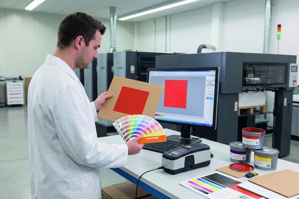 فنيٌّ يرتدي معطفًا أبيضَ يُجري بدقةٍ متناهيةٍ عمليةَ مطابقةِ الألوان في مطبعةٍ احترافية. يحمل عينةً من الكرتون المضلّع عليها مربعٌ أحمرُ زاهٍ، ويُقارن لونَها بدليل ألوان بانتون. في الوقت نفسه، يُراجع صورةً رقميةً للمربع الأحمر على شاشةِ الحاسوب، لضمانِ دقةِ الألوانِ في عمليةِ الطباعة. على طاولةِ العملِ البيضاءِ النظيفة، يظهرُ جهازُ قياسِ الطيفِ الضوئي، وعلبٌ متعددةٌ من أحبارِ الطباعةِ (أحمر، أزرق، أصفر) مُصنّفةٌ حسبَ الألوان، وأوراقُ تدقيقِ الألوانِ بنظامِ CMYK. تُبرزُ آلاتُ الطباعةِ الصناعيةُ الضخمةُ في الخلفيةِ عملياتِ إدارةِ الألوانِ المتقدمةِ ومراقبةِ الجودةِ لتطبيقاتِ التغليفِ أو الطباعةِ التجارية.