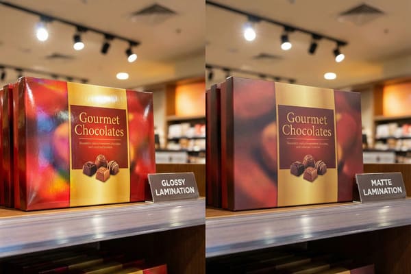 Two identical boxes of 'Gourmet Chocolates' are displayed side-by-side on a wooden shelf in a retail setting. The box on the left features a glossy lamination, reflecting bright, colorful light and appearing vibrant. The box on the right has a matte lamination, showing a softer, non-reflective finish. Both boxes have a gold and red design with an image of four chocolates and text 'Gourmet Chocolates'. Small signs in front of each box clearly label them 'GLOSSY LAMINATION' and 'MATTE LAMINATION', highlighting the difference in packaging finishes.