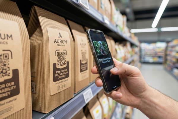 صورة مقرّبة ليد مستهلك يحمل هاتفًا ذكيًا، ويتفاعل بنشاط مع رمز الاستجابة السريعة (QR code) على