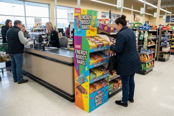 L&#39;intérieur animé d&#39;un supermarché met en valeur un présentoir coloré annonçant les nouveautés : les barres énergétiques. Une cliente, vêtue d&#39;une doudoune bleu marine, examine les différentes saveurs de barres énergétiques sur le présentoir à plusieurs niveaux. À l&#39;arrière-plan, un client effectue un paiement à la caisse, tandis que d&#39;autres rayons de produits emballés sont visibles.