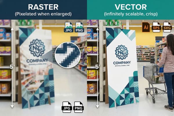 A side-by-side comparison illustrating raster versus vector graphics. The left side shows a 5-foot tall grocery store display stand with a company logo and text, demonstrating pixelation when enlarged, characteristic of raster images (JPG, PNG). A circular inset magnifies the blurry pixels. The right side displays the same 5-foot stand with the logo and text appearing sharp and infinitely scalable, representing crisp vector graphics (AI, EPS, SVG). A woman with a shopping cart walks past the clear vector display.