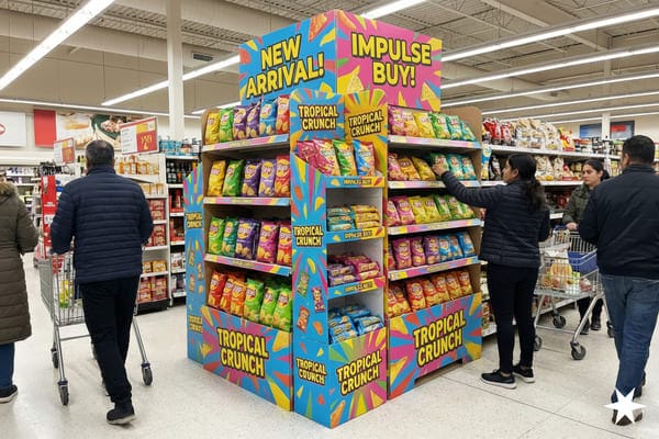 A vibrant and colorful 'Tropical Crunch' snack display in a supermarket aisle, featuring 'NEW ARRIVAL!' and 'IMPULSE BUY!' signage. The multi-tiered stand is stocked with various flavors of Lay's potato chips and other crisps. Several shoppers are visible around the display, with one person reaching for a bag of chips and others pushing shopping carts, indicating a busy grocery store environment.