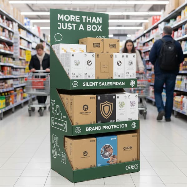 Visão detalhada de um expositor de papelão ondulado verde de três níveis em um corredor movimentado de supermercado. O expositor apresenta os dizeres "MAIS DO QUE UMA APENAS UMA CAIXA", "VENDEDOR SILENCIOSO" e "PROTETOR DA MARCA", exibindo diversas embalagens de produtos de marcas renomadas, incluindo a embalagem da "Ligo". Ao fundo, é possível ver consumidores desfocados e prateleiras abastecidas, destacando sua função na promoção de produtos no varejo e na proteção da marca.