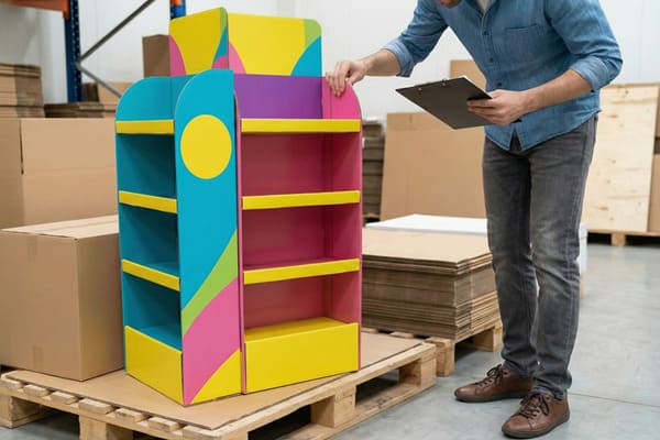 Ein Mann in einem blauen Jeanshemd und dunkler Jeans begutachtet einen farbenfrohen, mehrstöckigen Verkaufsständer aus Wellpappe. Der Ständer besteht aus Regalen und Paneelen in leuchtendem Gelb, Rosa, Lila und Blau und ist an der Seite mit einem gelben Kreismuster verziert. Er hält ein Klemmbrett in der Hand und prüft den Ständer, der auf einer Holzpalette in einem Lagerhaus steht und von Kartons umgeben ist.