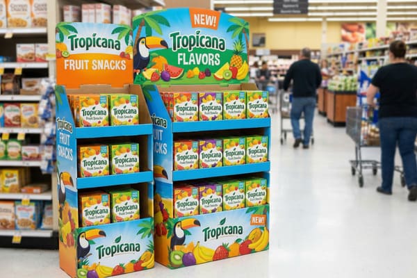 A vibrant Tropicana fruit snacks display in a grocery store aisle, featuring two large blue and orange stands stocked with various fruit snack boxes. The displays are adorned with tropical fruit illustrations, palm trees, and toucans, highlighting 