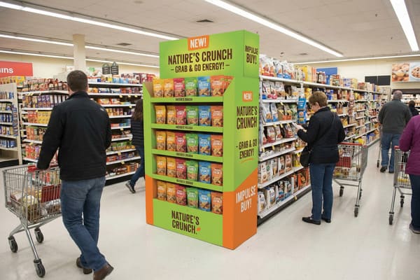 A vibrant green and orange 'Nature's Crunch - Grab & Go Energy!' display stand prominently positioned in a busy grocery store aisle, showcasing rows of colorful snack pouches. Shoppers with carts are visible browsing products on the surrounding shelves under bright fluorescent lighting.