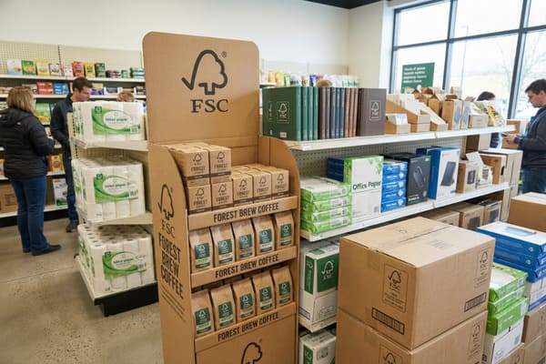 দোকানের ভেতরে FSC-প্রত্যয়িত বিভিন্ন পণ্য প্রদর্শনকারী একটি খুচরা দোকানের দৃশ্য। একটি বড় কার্ডবোর্ড ডিসপ্লে স্ট্যান্ডে FSC লোগো সহ 'ফরেস্ট ব্রিউ কফি' ব্যাগ এবং বাক্সগুলি স্পষ্টভাবে প্রদর্শিত হয়েছে। সংলগ্ন তাকগুলিতে FSC-প্রত্যয়িত টয়লেট পেপারের একাধিক প্যাক এবং FSC-প্রত্যয়িত অফিস কাগজের স্তূপ রয়েছে। অন্যান্য তাকগুলিতে বিভিন্ন প্যাকেজ করা পণ্য প্রদর্শিত হয়, যার অনেকগুলিতে পরিবেশ-বান্ধব সার্টিফিকেশন থাকে। ক্রেতারা পটভূমিতে দৃশ্যমান, টেকসই পণ্যের অফারগুলি ব্রাউজ করছেন।