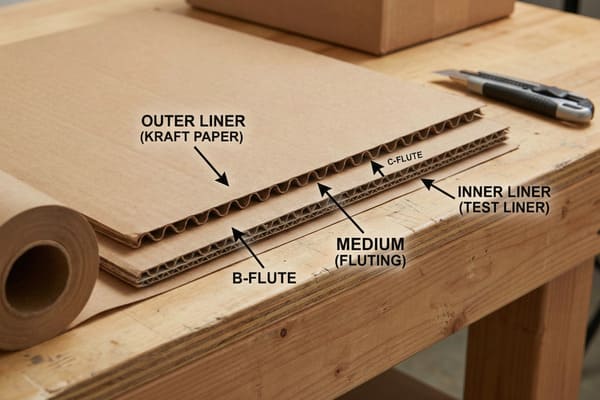 Detailed view of two corrugated cardboard sheets, one C-flute and one B-flute, laid on a wooden workbench. Labels clearly identify the 'OUTER LINER (KRAFT PAPER)', 'INNER LINER (TEST LINER)', and 'MEDIUM (FLUTING)' layers, along with the specific 'C-FLUTE' and 'B-FLUTE' profiles. A roll of kraft paper and a utility knife are also visible, illustrating the components and tools for cardboard packaging.