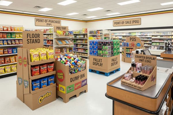 A detailed view of a modern retail store interior, highlighting various point-of-purchase (POP) and point-of-sale (POS) displays. Visible merchandising includes cardboard floor stands for Lay's, Doritos, and Cheetos chips, PDQ trays, a dump bin with Dighty Toys, large pallet displays featuring Pepsi, Mountain Dew, and Sierra Mist sodas, and a counter display unit (CDU) showcasing cosmetics at the checkout counter. The store features bright overhead lighting, white tiled floors, and well-stocked shelves with a wide array of packaged goods and beverages, demonstrating diverse retail merchandising solutions.