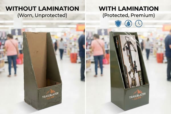 A side-by-side comparison image showcasing two 'Trailblazer Gear' retail display boxes in a store. The left box, labeled 'WITHOUT LAMINATION (Worn, Unprotected)', appears faded, scuffed, and damaged, demonstrating poor durability. The right box, labeled 'WITH LAMINATION (Protected, Premium)', is glossy, new, and contains a crossbow product, illustrating enhanced protection, water resistance, and a premium presentation for product packaging.