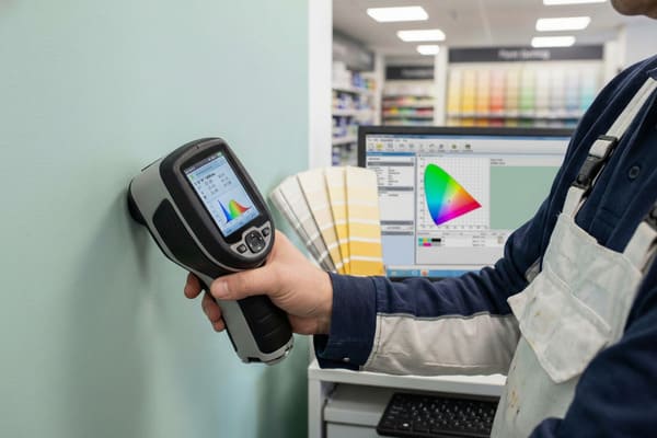 Close-up of a color matching specialist using a portable spectrophotometer to analyze the color of a pale green wall. The device's screen shows precise L*a*b* color data and a spectral reflectance curve. A computer with color analysis software and a color fan deck are visible in the background, indicating a professional paint color identification process.