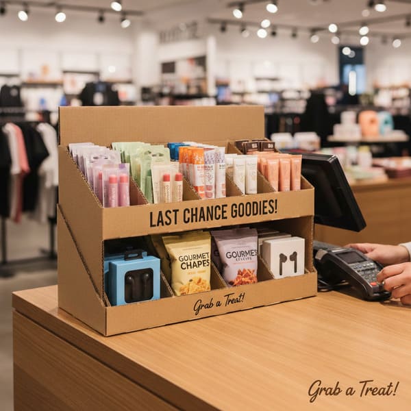 একটি আধুনিক খুচরা দোকানে হালকা কাঠের চেকআউট কাউন্টারে একটি বহু-স্তরযুক্ত ঢেউতোলা কার্ডবোর্ড পয়েন্ট-অফ-সেল ডিসপ্লে স্ট্যান্ড। উপরের স্তরগুলিতে গোলাপী লিপ বাম, সবুজ এবং কমলা হ্যান্ড ক্রিম এবং বেইজ লোশন সহ বিভিন্ন সৌন্দর্য এবং ব্যক্তিগত যত্নের প্ররোচনামূলক জিনিসপত্র রয়েছে। নীচের স্তরে 'গুরমেট চিপস' এবং 'গুরমেট স্ন্যাকস' এর মতো স্ন্যাক ব্যাগ রয়েছে, পাশাপাশি কালো ইয়ারবাড এবং সাদা ওয়্যারলেস ইয়ারবাড সহ হালকা নীল বাক্সের মতো প্রযুক্তিগত আনুষাঙ্গিক রয়েছে। ডিসপ্লেতে মোটা কালো লেখা 'শেষ সুযোগের জিনিসপত্র!' এবং 'একটি ট্রিট নিন!' লেখা আছে। ডানদিকে, একজন ব্যক্তির হাত একটি কালো পেমেন্ট টার্মিনাল পরিচালনা করছে, যা গ্রাহকের লেনদেনের ইঙ্গিত দেয়।