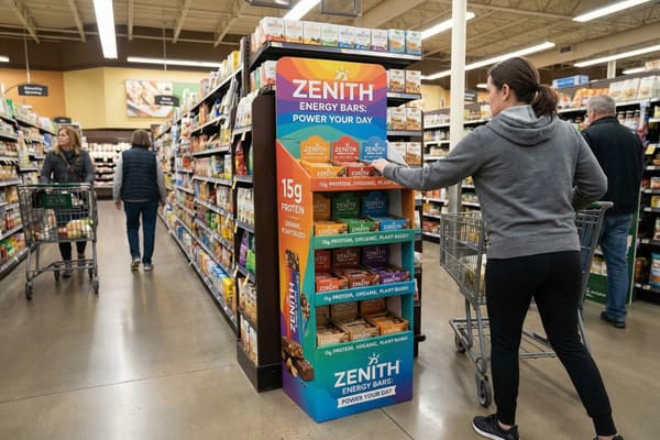 A woman in a grey hoodie and black pants reaches for a Zenith Energy Bar from a colorful floor display in a grocery store aisle. The display prominently features 'Zenith Energy Bars: Power Your Day' and highlights '15g Protein, Organic, Plant-Based' with various flavors. Other shoppers with carts are visible in the background, browsing shelves filled with products.