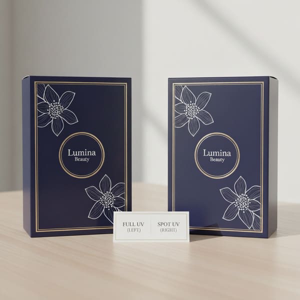 Duas elegantes caixas de produtos azul-escuras da Lumina Beauty, com luxuosos detalhes em folha de ouro e delicadas ilustrações florais brancas, estão lado a lado sobre uma superfície de madeira clara. A caixa da esquerda exibe um revestimento UV completo para um acabamento brilhante, enquanto a caixa da direita destaca um revestimento UV localizado, criando uma textura contrastante com seu fundo fosco. Um pequeno cartão branco em primeiro plano indica "UV COMPLETO (ESQUERDA)" e "UV LOCALIZADO (DIREITA)". O fundo é uma parede clara e suave com uma sombra sutil, enfatizando o design sofisticado da embalagem cosmética.