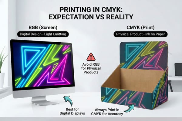 একটি ইনফোগ্রাফিক যা কম্পিউটার স্ক্রিনে RGB (লাল, সবুজ, নীল) রঙের সাথে প্রিন্টেড কার্ডবোর্ড ডিসপ্লে বাক্সে CMYK (সায়ান, ম্যাজেন্টা, হলুদ, কী/কালো) রঙের তুলনা করে। মনিটরটি একটি প্রাণবন্ত নিয়ন জ্যামিতিক নকশা প্রদর্শন করে, যার লেবেল 'RGB (স্ক্রিন) - ডিজিটাল ডিজাইন - আলো নির্গমন', অন্যদিকে ভৌত কার্ডবোর্ড বাক্সটি 'CMYK (প্রিন্ট) - ভৌত পণ্য - কাগজে কালি' লেবেলযুক্ত সামান্য বিস্যাচুরেটেড রঙের সাথে একই নকশা প্রদর্শন করে। ছবিটি জোর দেয় যে RGB 'ডিজিটাল প্রদর্শনের জন্য সেরা' এবং 'ভৌত পণ্যের জন্য RGB এড়িয়ে চলার' পরামর্শ দেয়, মুদ্রণে রঙের প্রত্যাশা বনাম বাস্তবতা পরিচালনা করতে 'সর্বদা নির্ভুলতার জন্য CMYK তে মুদ্রণ করুন' সুপারিশ করে।