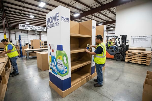Two workers in high-visibility vests are assembling large cardboard retail display units for 'Home Essentials' cleaning products in a manufacturing warehouse. One worker tapes a shelf into a display, while another works at a table. In the background, a forklift operator moves stacked wooden pallets. Overhead, a sign reads 'STRUCTURAL TEST AREA - LOAD CAPACITY: 150 LBS', and a whiteboard shows a 'PRODUCTION SCHEDULE' for 'FLOOR DISPLAY CABINETS'.