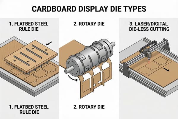 An infographic illustrating three types of cardboard display die cutting methods: 1. Flatbed Steel Rule Die, showing a wooden die with steel blades pressing down on a flat cardboard sheet to cut out shapes. 2. Rotary Die, depicting a cylindrical die with cutting blades rotating to cut shapes from a continuous roll of cardboard. 3. Laser/Digital Die-less Cutting, illustrating a laser machine precisely cutting shapes from a flat cardboard sheet using a red laser beam, without a physical die. Each method is clearly labeled and shows the process of cutting custom cardboard display pieces.