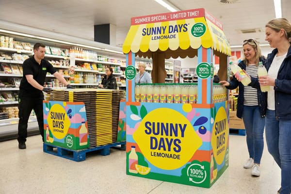A vibrant Sunny Days Lemonade promotional stand, designed like a yellow and blue striped stall, in a supermarket aisle. The stand features