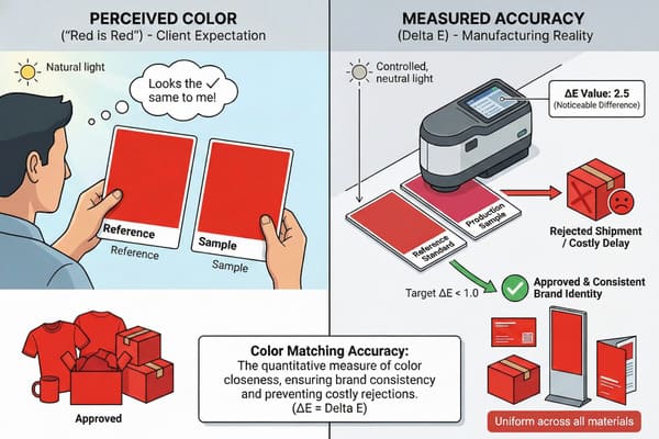 An infographic illustrating the difference between perceived color and measured color accuracy using Delta E. On the left, a person views two red samples under natural light, perceiving them as identical, representing client expectation. On the right, a colorimeter measures a reference standard and a production sample under controlled light, showing a Delta E value of 2.5 (noticeable difference), leading to rejected shipments. It highlights that a target Delta E less than 1.0 ensures approved and consistent brand identity across various materials like t-shirts, mugs, boxes, cards, displays, and brochures, emphasizing the importance of quantitative color matching accuracy.