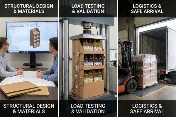 Una imagen de tres paneles muestra el ciclo de vida completo de los expositores de cartón corrugado para comercios. El panel izquierdo muestra a dos diseñadores colaborando en un modelo CAD 3D de un expositor de punto de venta de varios niveles en un monitor grande, con planos y láminas de cartón en bruto sobre una mesa, que representan el diseño estructural y la selección de materiales. El panel central muestra un expositor de cartón corrugado marrón completamente equipado, lleno de varias botellas de jugo, sometido a rigurosas pruebas de carga y validación de compresión en una máquina industrial, con sensores instalados para medir su rendimiento. El panel derecho muestra una carretilla elevadora cargando eficientemente un palé de expositores de cartón retractilados y llenos de producto en la parte trasera de un camión semirremolque en un muelle de carga concurrido, ilustrando la logística final y la llegada segura de los productos.