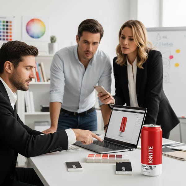 В светлом современном офисе три специалиста по маркетингу и дизайну активно работают над проектом по брендингу продукта. Дизайнер-мужчина в черном костюме указывает на экран ноутбука, на котором отображается 3D-рендеринг элегантной красной банки энергетического напитка «IGNITE». На белом столе prominently представлена ​​соответствующая физическая банка «IGNITE» с конкретным цветовым кодом «PANTONE TPX 10-1663 TPX». Рядом с банкой аккуратно разложены палитра красных и оранжевых оттенков и черные визитки с логотипом «IGNITE». Коллега-женщина в черном пиджаке держит смартфон, внимательно рассматривая дизайн на ноутбуке, в то время как другой член команды, мужчина в светло-голубой рубашке, наклоняется, чтобы принять участие в обсуждении. В офисе также есть цветовой круг и доска, символизирующие творческое и совместное рабочее пространство для разработки продукта и фирменного стиля.