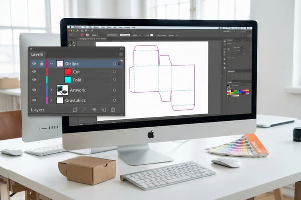 Крупный план экрана компьютера Apple iMac, на котором отображается Adobe Illustrator с макетом картонной коробки. Видна панель «Слои» со слоями «Масштаб», «Вырезка», «Сгиб» и «Обложка», иллюстрирующая процесс разработки дизайна. На белом столе расположены коричневая картонная коробка, белая клавиатура, мышь и цветовая палитра Pantone, что выделяет рабочее пространство графического дизайнера, ориентированного на упаковку продукта.
