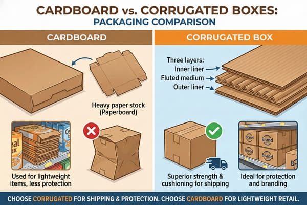 Infografía detallada que compara las cajas de cartón y las cajas de cartón corrugado, destacando sus distintas propiedades de embalaje. La sección de cartón ilustra la construcción de cartón de una sola capa, su uso para artículos ligeros de venta al por menor, como cajas de cereales, y su vulnerabilidad a daños, como lo demuestra una caja aplastada. La sección de la caja de cartón corrugado detalla su estructura de tres capas con revestimiento interior, cartón ondulado y revestimiento exterior, destacando su resistencia superior, amortiguación para un envío seguro y protección ideal para la marca, representada con cajas de envío resistentes y productos de marca en los estantes. La comparación guía a los usuarios para elegir el embalaje más adecuado para envíos en comparación con aplicaciones ligeras de venta al por menor.