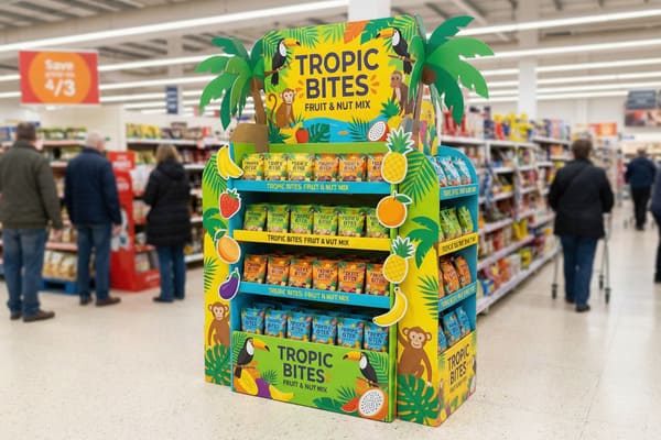 A vibrant, multi-tiered Tropic Bites Fruit & Nut Mix display stand in a supermarket aisle, featuring colorful illustrations of tropical fruits like bananas, pineapples, strawberries, oranges, and dragon fruit, alongside palm trees, monkeys, and toucans. The stand showcases numerous bags of Tropic Bites fruit and nut mix, with shoppers and other store shelves visible in the blurred background.