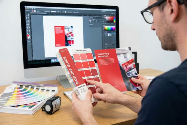A graphic designer's hands hold a red Pantone color guide and a 'Marketing Materials' brochure, carefully comparing the printed colors with the digital design displayed on a desktop computer screen. The screen shows design software with the same red-themed marketing material layout. On the wooden desk, other color swatch books and a color measurement device are visible, highlighting the precision involved in brand color management and print production.