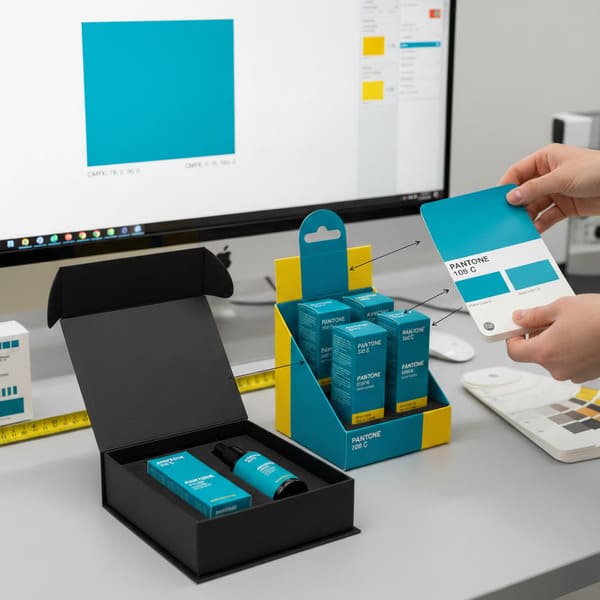 На светло-сером столе стоит ярко-желтый и бирюзовый картонный стенд для демонстрации товаров, заполненный небольшими бирюзовыми коробками с продукцией, помеченными как «PANTONE 302 C» и «PANTONE 568 C». Слева от него открытая черная подарочная коробка класса люкс с флаконом продукта того же бирюзового цвета и меньшей бирюзовой коробкой. На переднем плане руки держат карту образцов цветов Pantone, на которой prominently отображается «PANTONE 109 C» и два бирюзовых цветовых блока, используемых для подбора цвета. На заднем плане монитор компьютера показывает большой бирюзовый образец цвета с значениями CMYK, иллюстрирующий тщательный процесс обеспечения единообразия фирменных цветов в упаковке продукции, розничных витринах и цифровом дизайне.