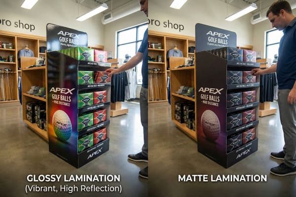 Two men in a golf pro shop comparing two Apex golf ball display stands, one featuring glossy lamination with vibrant colors and high reflection, and the other showcasing matte lamination with a sophisticated, non-reflective finish, highlighting the visual difference in retail packaging.
