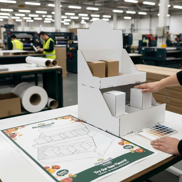一个白色的多层瓦楞纸板零售展示架原型摆放在一张白色桌子上,旁边放着棕色和白色的产品包装盒。一只手小心翼翼地将一个白色包装盒放入中间层,演示组装或产品摆放。左侧平铺着一张“NutriBoost Snacks”展示图的大幅打印稿,上面印有色彩鲜艳的水果图案和“试试我们的新口味!”的字样。右侧可以看到一个色卡,用于指示材料和印刷颜色的选择。在模糊的背景中,一个繁忙的制造或印刷车间,身穿高能见度背心的工人正在操作机器,突显了这种为销售点(POP)展示架定制的生产环境。