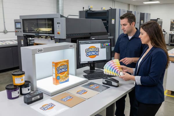 Two packaging and print specialists, a man and a woman, meticulously review color accuracy for 'Sunrise Crunch' cereal box designs in a modern printing facility. The woman holds a color swatch book while the man points to a specific shade, comparing it to a physical cereal box illuminated on a D50/D65 light box. A computer monitor displays the digital 'Sunrise Crunch' logo, alongside various printed samples on different substrates, containers of offset ink pigments, and a color measurement device on the table. Large industrial printing presses are visible in the background, emphasizing the precision and quality control involved in commercial printing.