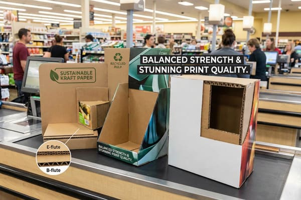 A display of various sustainable corrugated cardboard packaging solutions on a supermarket checkout counter, including a 'Sustainable Kraft Paper' box, a 'Recycled Pulp' display, and a double-wall board box demonstrating 'Balanced Strength & Stunning Print Quality'. An inset highlights E-flute and B-flute corrugated structures, showcasing different board thicknesses and strengths for retail displays.
