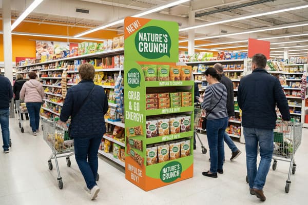 A vibrant green and orange 'Nature's Crunch' promotional display stands prominently in a brightly lit supermarket aisle, showcasing various granola bags and snack bars with 'NEW!', 'Grab & Go Energy!', and 'Impulse Buy!' slogans. Several shoppers, including men and women with grocery carts, are seen walking and browsing products on the surrounding shelves.