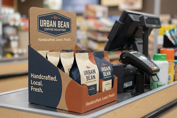 A retail point-of-sale display box for Urban Bean Coffee Roasters, showcasing multiple bags of handcrafted coffee on a grocery store checkout counter. The cardboard display features the brand logo and tagline 'Handcrafted. Local. Fresh.', with coffee bags in cream and blue packaging visible. A cash register and payment terminal are in the blurred background.