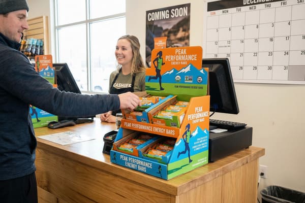 A customer in a grey beanie and blue jacket reaches for a 'Peak Performance Energy Bar' from a vibrant orange and blue point-of-sale display on a light wood counter. A smiling female cashier wearing a 'CASHIER' apron stands behind the counter. In the background, a 'COMING SOON' poster and a calendar highlighting 'December 3 - Launch Day' are visible, suggesting a new product launch.
