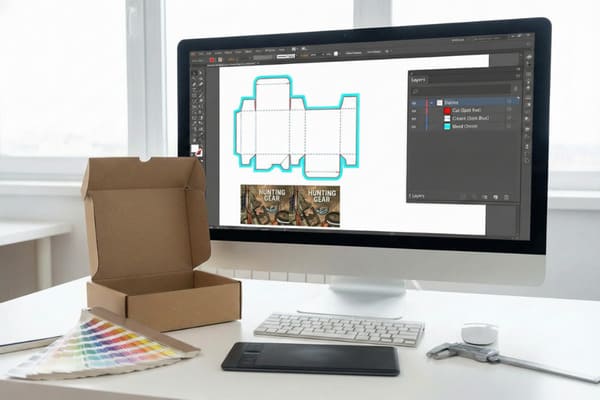 Современное рабочее пространство дизайн-студии с монитором, на котором отображается дизайн упаковки и иллюстрация «Охотничье снаряжение» в Adobe Illustrator. Открытая коричневая картонная коробка, веер с образцами цветов, белая клавиатура, черный графический планшет, белая мышь и серый штангенциркуль расположены на чистом белом столе, что указывает на процесс разработки и дизайна упаковки продукта.