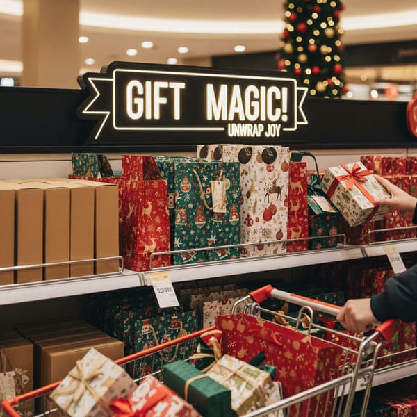 Um close-up das mãos de uma cliente colocando cuidadosamente uma caixa de presente branca, decorada com uma fita vermelha e padrões festivos, em um carrinho de compras vermelho repleto de presentes de Natal. O corredor da loja exibe prateleiras com uma variedade de sacolas de presente natalinas em vermelho, verde e branco, estampadas com renas, flocos de neve e enfeites, ao lado de caixas de papelão marrom. Uma placa de neon em destaque acima exibe a frase "PRESENTE MÁGICO! DESEMBRULHE A ALEGRIA", enquanto uma árvore de Natal decorada e desfocada ao fundo enfatiza o clima festivo da temporada de compras.