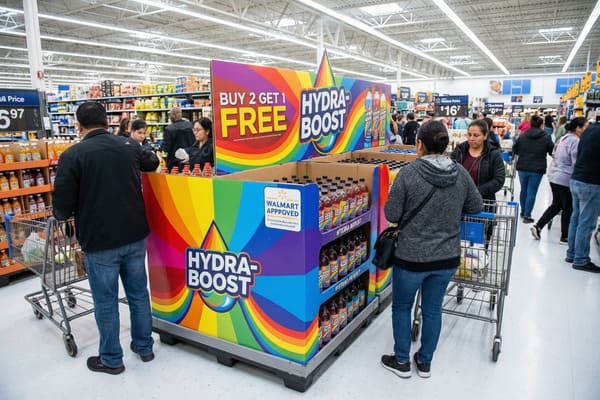 A vibrant Hydra-Boost beverage display with a rainbow design and 'Buy 2 Get 1 Free' promotion in a busy Walmart aisle. Several shoppers, including a man with a shopping cart and a woman looking at products, are browsing the 'Walmart Approved' drinks.