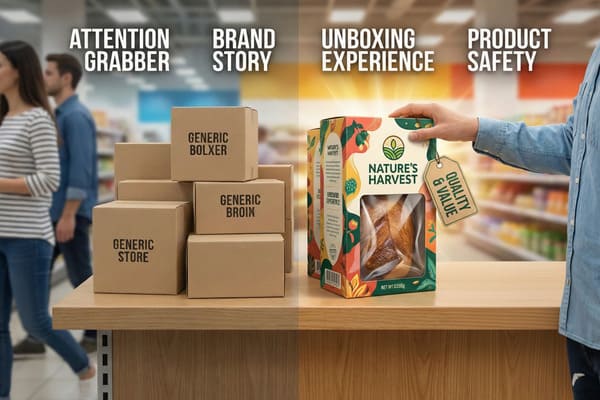 A split image comparing generic product packaging with premium, branded packaging. On the left, plain brown cardboard boxes labeled 'Generic Bolxer', 'Generic Broin', and 'Generic Store' sit on a shelf in a blurred store aisle, representing a lack of 'Attention Grabber' and 'Brand Story'. On the right, a vibrant, custom-designed 'Nature's Harvest' box with a clear window displaying a pastry, a 'Quality & Value' tag, and a hand reaching for it, illustrates 'Unboxing Experience' and 'Product Safety'. An inset image shows a smiling woman opening a 'Nature's Harvest' box with a glowing light, emphasizing the positive unboxing experience.